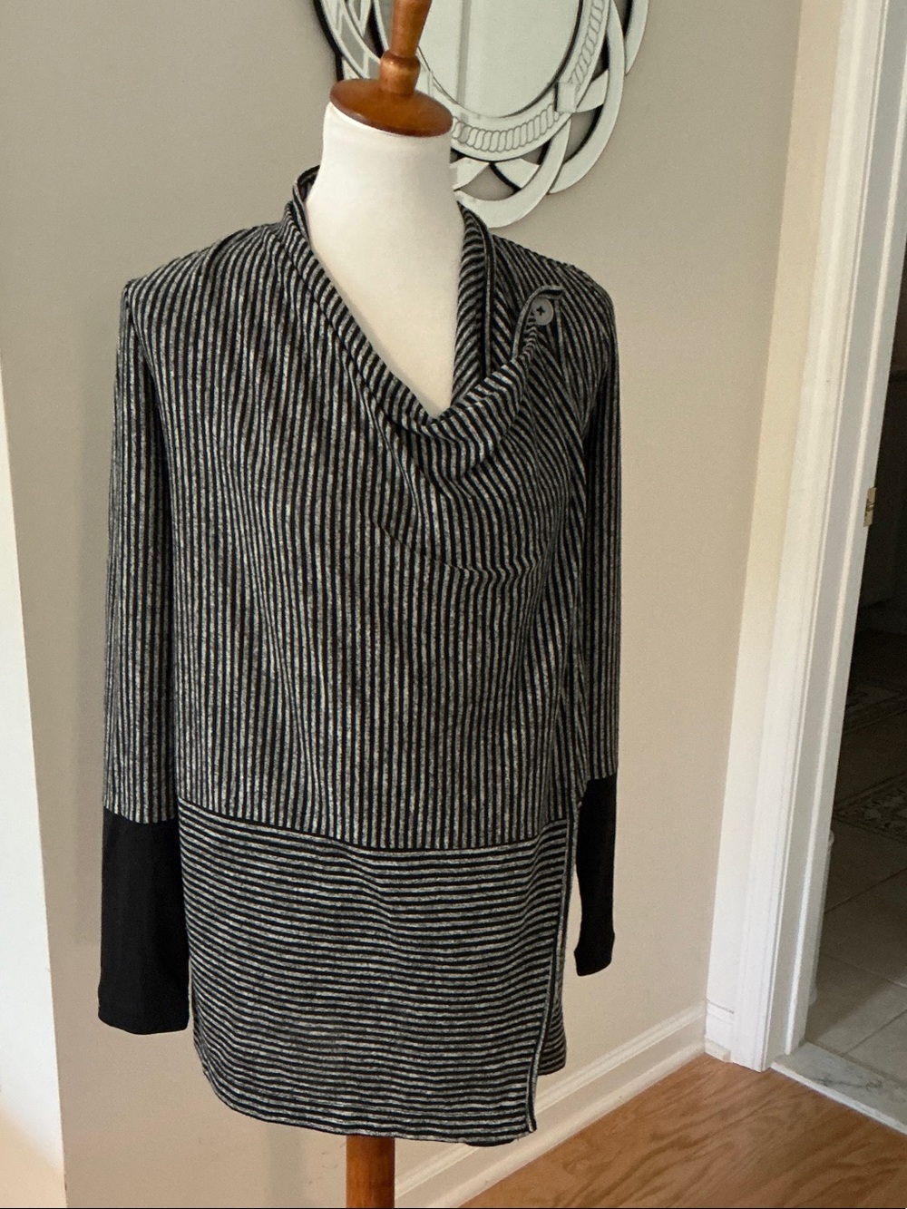 Jones New York Black and Gray Striped Cowl-Neck Tunic Sweater